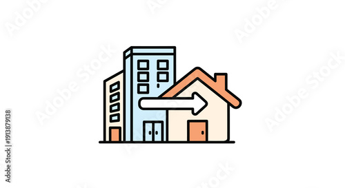 An arrow points from a multi-story office building towards a residential house symbolizing the transition to remote work or home relocation, Generative AI.