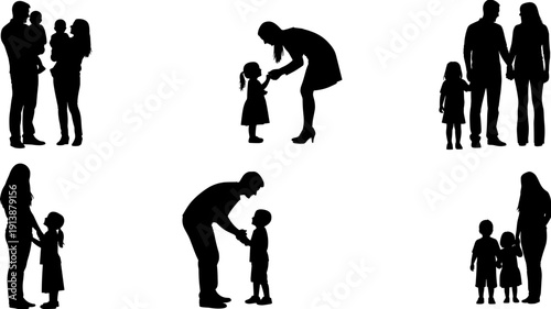Happy family silhouettes set with parents and children, mother father and kids together collection, people group vector illustration for adobe stock design,