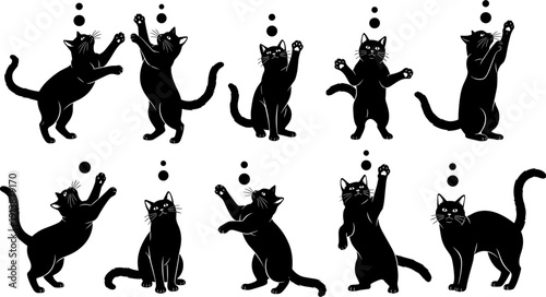 Playful black cat silhouettes jumping reaching bubbles vector illustration set, kitten action poses collection, feline pet character design, animal silhouette,