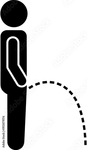 Man urinating silhouette icon, male pee standing vector illustration, restroom sign symbol, human anatomy body process, urology health concept, toilet hygiene graphics, bathroom sign,