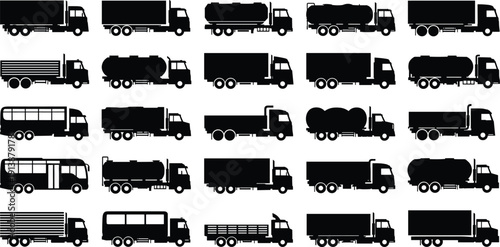 Silhouettes of trucks and buses including cargo, tanker, flatbed, and passenger designs for transport and logistics themes