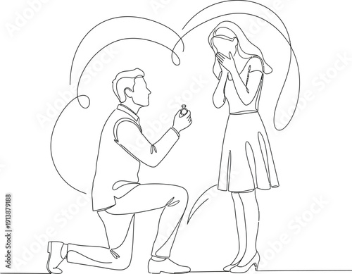 Romantic continuous line art illustration depicts a man proposing marriage to a woman, with small hearts floating between them, symbolizing love and commitment.