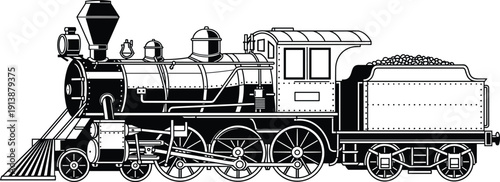 Vintage steam locomotive illustration with smokestack, pistons, wheels, coal tender, and cowcatcher showcasing historical railway design
