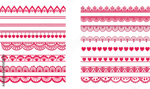 Decorative red border designs with geometric, floral, scallop, fan, and heart motifs for graphic design and ornamental projects