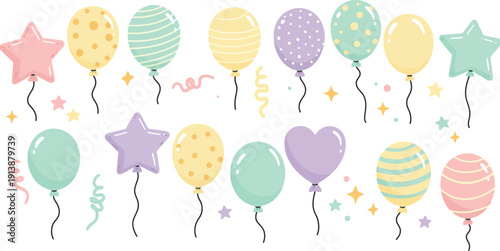 Colorful pastel balloons in various shapes and patterns on white background for celebration or party decoration ideas