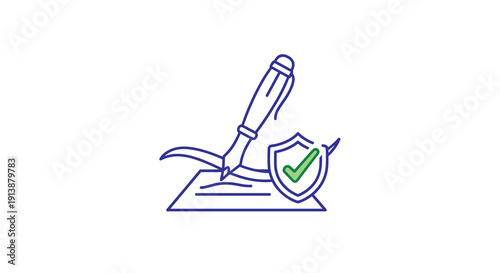 A pen is shown writing on a document next to a protective shield with a green checkmark indicating contract approval and security, Generative AI.