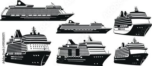 Vector illustrations of cruise ships in multiple perspectives with decks, funnels, and maritime features for tourism and design