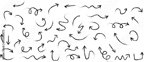 Hand-drawn arrows collection. Diverse directional elements including curved, wavy, spiral, and zigzag arrows on white background