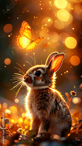 Whimsical Bunny and Butterfly: A sweet bunny, illuminated by warm sunlight, gazes at a delicate butterfly, creating a dreamlike scene of spring and enchantment.