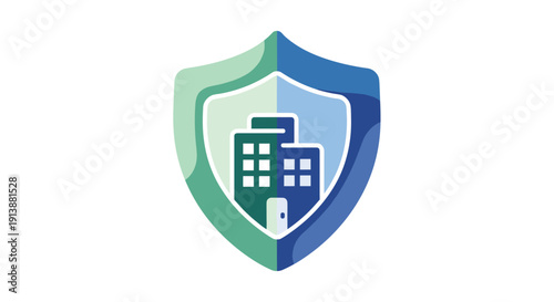 Protective shield emblem safeguarding buildings symbolizing property insurance security and asset protection, Generative AI.