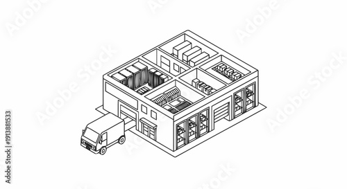 Isometric Warehouse with Truck Delivery Illustration.