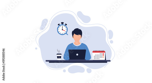 Man working diligently on a laptop at a desk surrounded by a calendar and alarm clock representing time management, Generative AI.