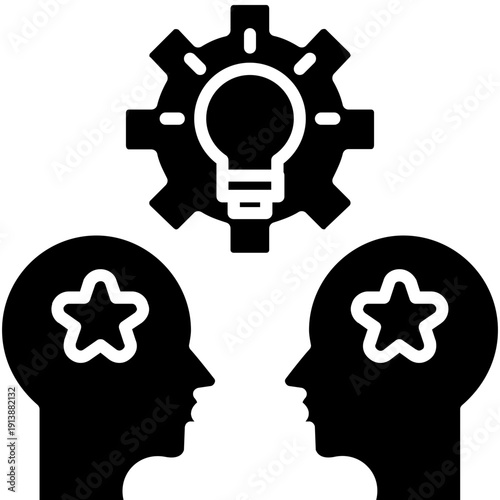 Two heads with stars and gear with light bulb Icon