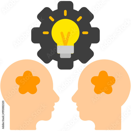 Two heads with stars and gear with light bulb Icon