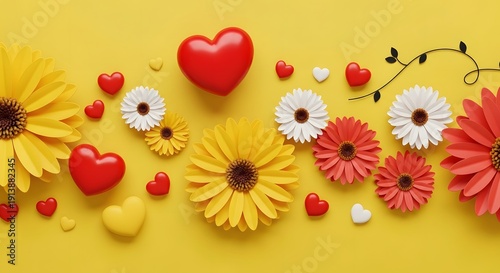 Colorful floral arrangement with hearts on yellow background for valentines day or mothers day celebration
