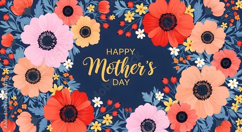 Happy mothers day greeting card with floral design on dark blue background