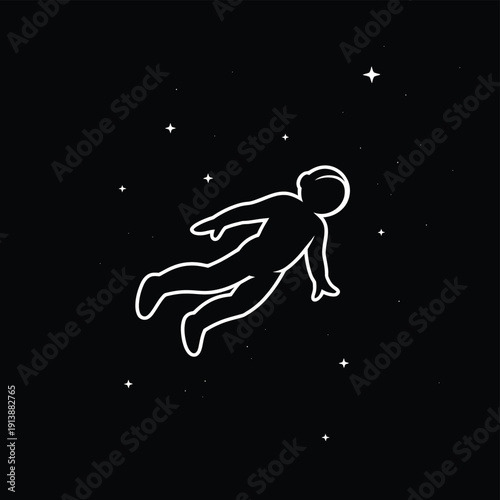 A lone astronaut floats through the darkness of space among distant stars