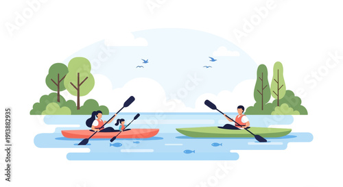 Family Kayaking Slowly Along a Calm Natural River