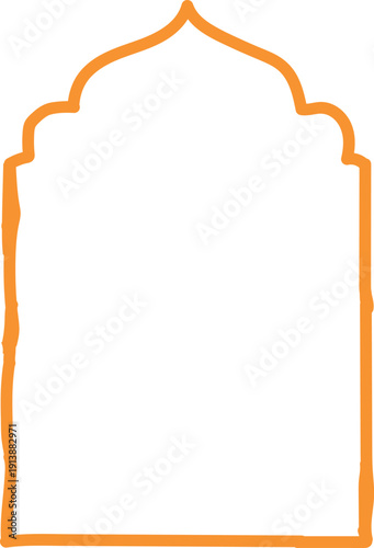An orange line drawing of a pointed archway on a white background