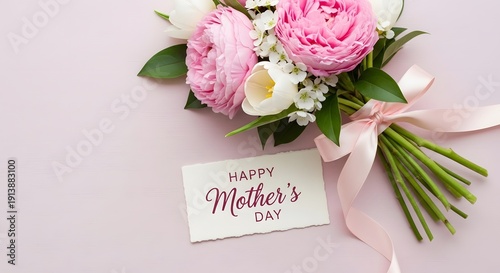 Pink and white flowers bouquet with happy mothers day card on pink background for celebration and gift giving