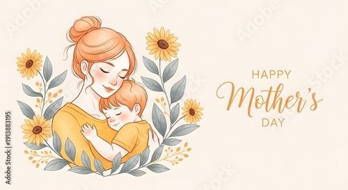 Happy mothers day card with mother and child surrounded by sunflowers and leaves on a beige background