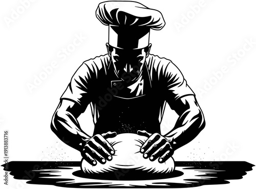 Professional male chef kneading dough on kitchen counter, skilled baker wearing traditional toque hat and apron vector illustration on white background,