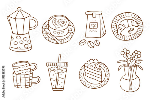 Coffee time doodle illustration. Coffee aesthetics in line art style. Coffee cups, coffee pot, coffee desserts.