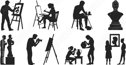 Creative artists working on various projects in studio, set of professional silhouettes including painters sculptors and photographers illustration,