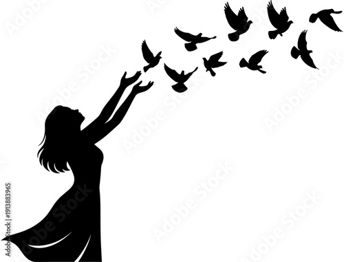 Silhouette of woman releasing flying birds into the sky, peaceful freedom and hope concept with flock of doves vector illustration on white background,