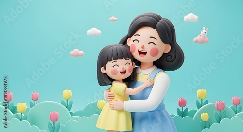 A cartoon mother and daughter in a field of flowers with clouds and a blue sky