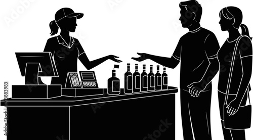Female cashier serving young couple at liquor store checkout, professional retail service with wine bottles and POS system vector illustration on white background,