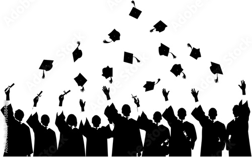 Silhouette of graduates throwing academic caps in air, group of students celebrating graduation ceremony, university achievement vector illustration on white background,