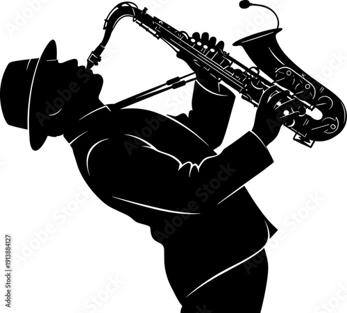 Silhouette of a jazz musician playing saxophone, elegant man wearing hat performing brass instrument, musical artist vector illustration on white background,