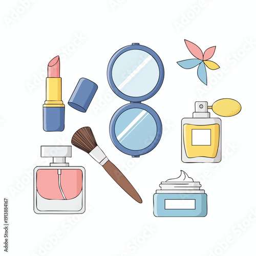 Beauty and Makeup Products Collection with Compact Mirror and Perfume on White Background