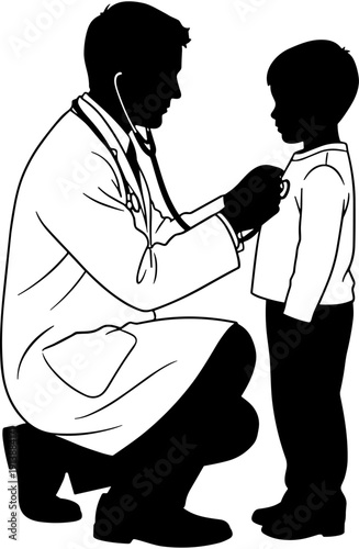 Pediatrician examining a young boy with a stethoscope, child healthcare checkup, medical doctor silhouette, pediatric clinic visit, healthcare professional care illustration.