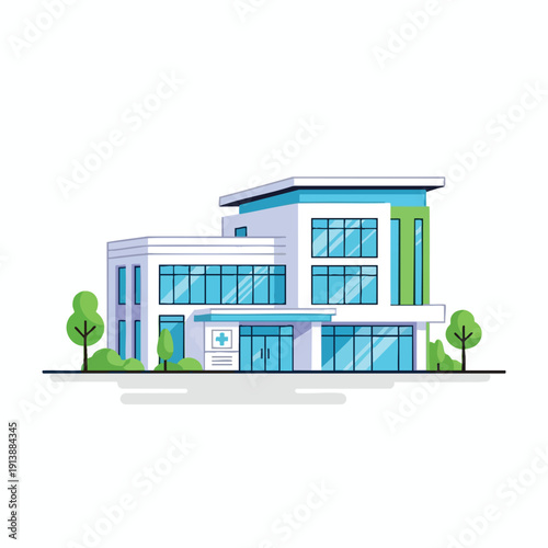 Modern Commercial Building with Large Glass Windows and Green Accents