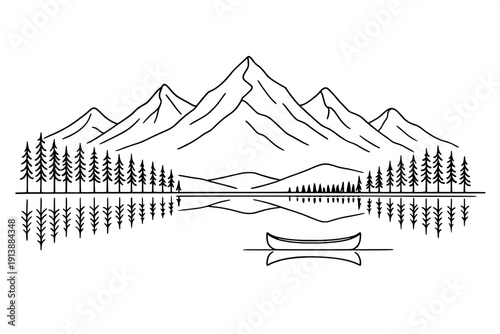 Minimalist Mountain Lake Reflection - B&W Fine Line Nature Scenery