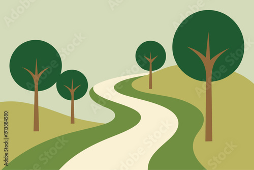Serene landscape with winding road and trees