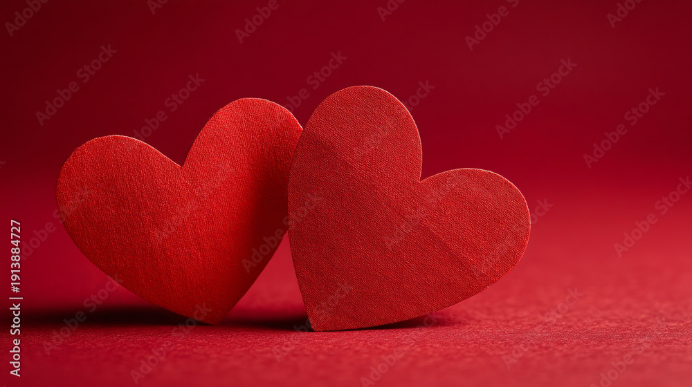 Fototapeta premium Two red heart shaped decorations sitting on a red background