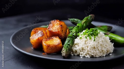 Nasi, ayam dan asparagus dalam satu piring siap saji 
