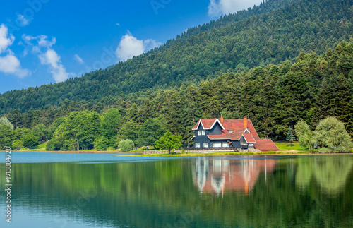 Fotografie Travel Concept photo. Turkey Bolu Golcuk lake view.