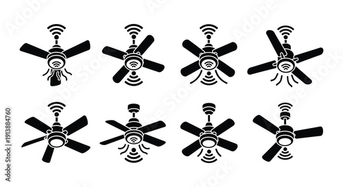 Various black and white ceiling fan designs with wifi signal icons