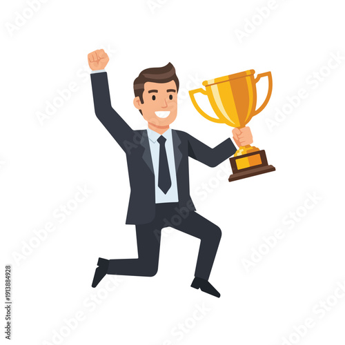 Man in Suit Holding Trophy Celebrating Success.