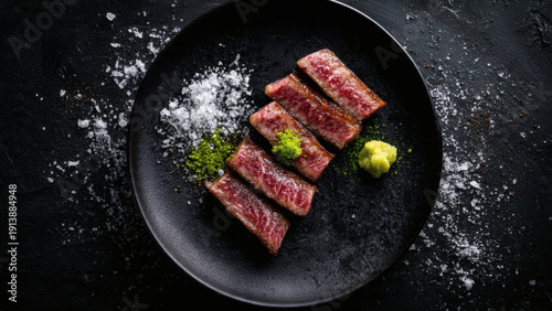 A top-down view of sliced premium Japanese wagyu beef served on a black plate with salt and garnish