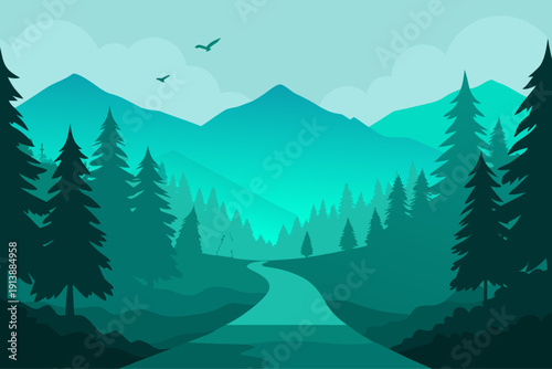 Serene mountain landscape with winding road and evergreen forest