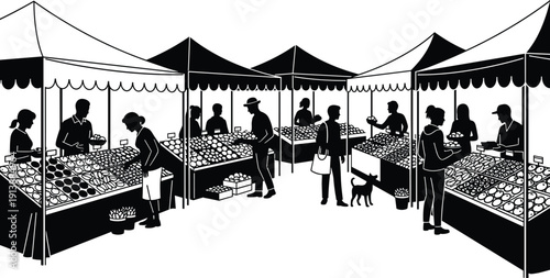 Black silhouette of people shopping at outdoor farmers market, stalls with fresh fruits and vegetables, cad drawing flat vector illustration.