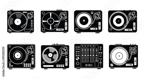 Collection of vintage record players and dj turntables in black and white