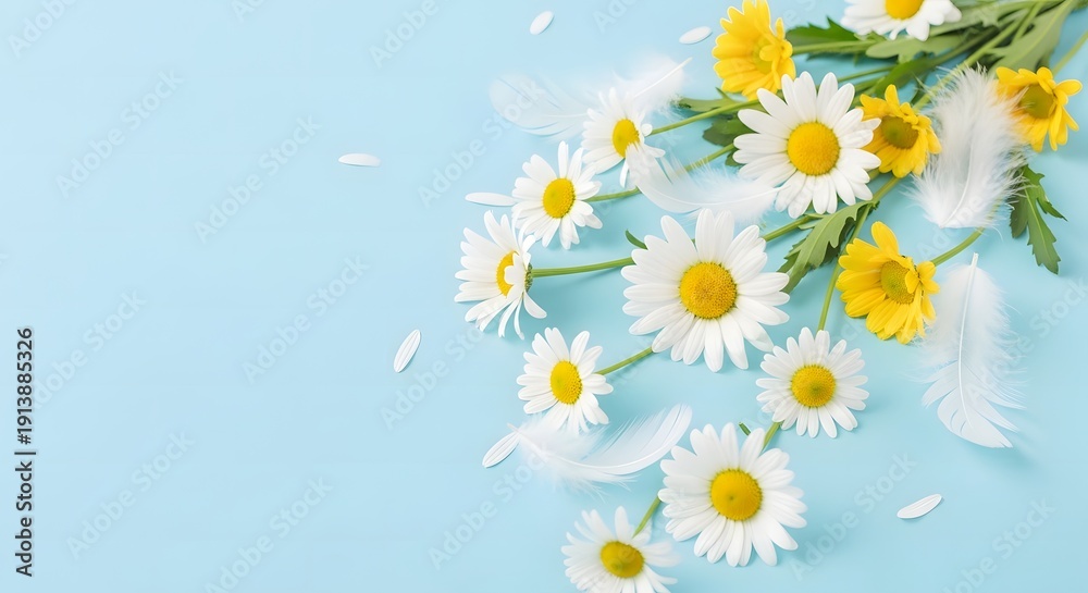 Obraz premium A bouquet of white and yellow daisies on a light blue background with petals falling off