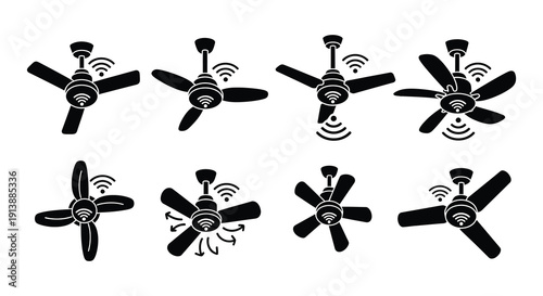 Various black and white ceiling fan designs with wifi signal icons