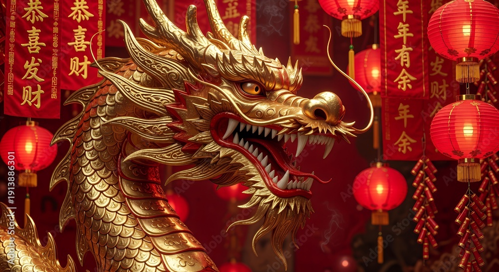 Fototapeta premium Golden Chinese Dragon with Red Lanterns Festive Background